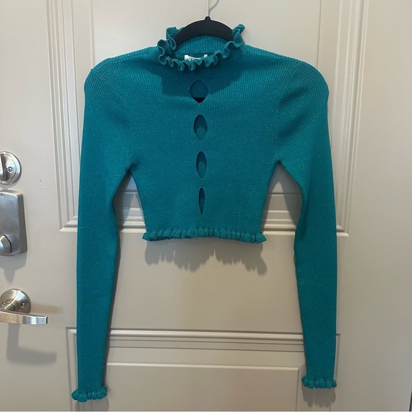 NWT For Love & Lemons Lorelei Cropped Ruffle Sweater Size Extra Small XS Teal - Picture 2 of 8